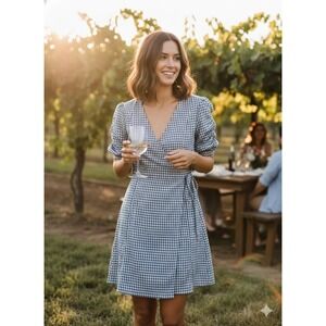 Madewell Gingham Wrap Dress Short Sleeve Tie Waist Blue White Size S Cottagecore